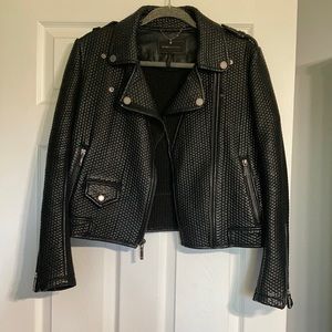 BCBG Black quilted faux leather jacket with silver buttons. Gently worn. SizeLG